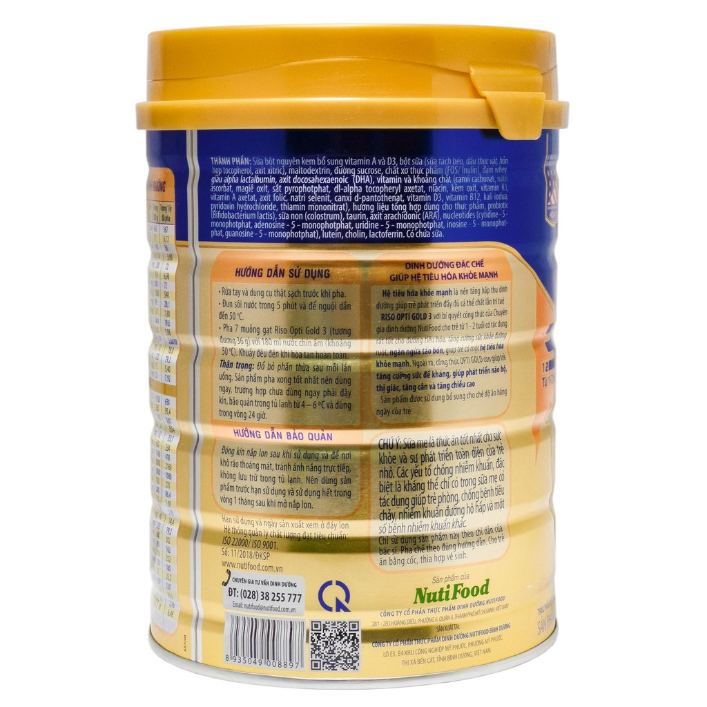 [CHÍNH HÃNG] Sữa Bột Nutifood Riso Opti Gold 3 - Hộp 850g (Dinh dưỡng đặc chế giúp hệ tiêu hóa khỏe mạnh)