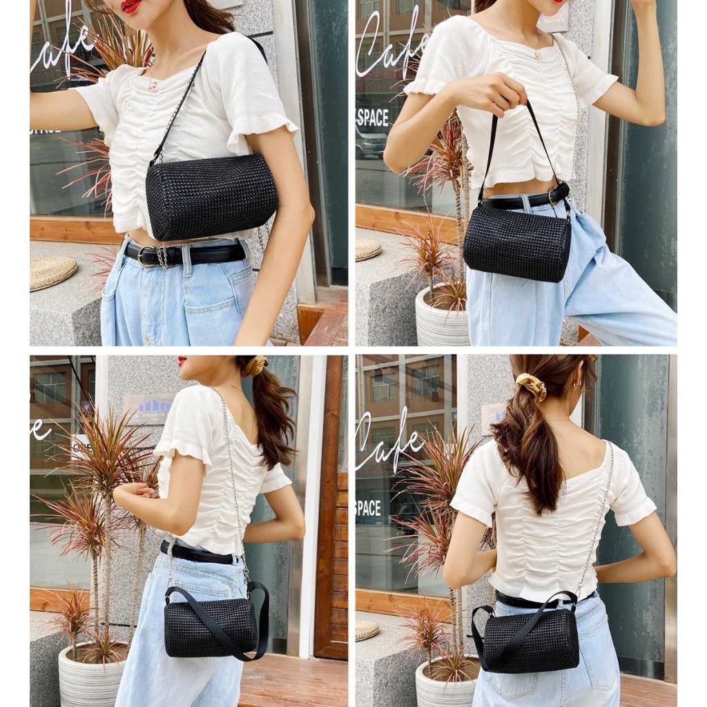 Túi đeo chéo nữ mã DD01, túi xách tay, hình chữ nhật đính đá, cá tính, 2 màu đen trắng, minstore