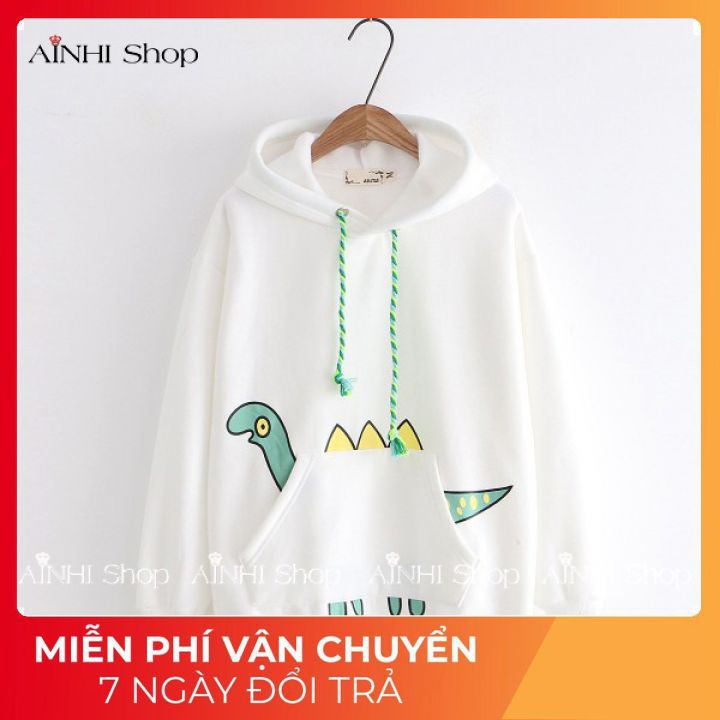 Áo Hoodie ❤️FREESHIP❤️ Unisex Nam Nữ Kiểu Dáng Sweater, Chất Nỉ Bông Cao Cấp Có Nón Chui Đầu Hình Khủng Long Xanh