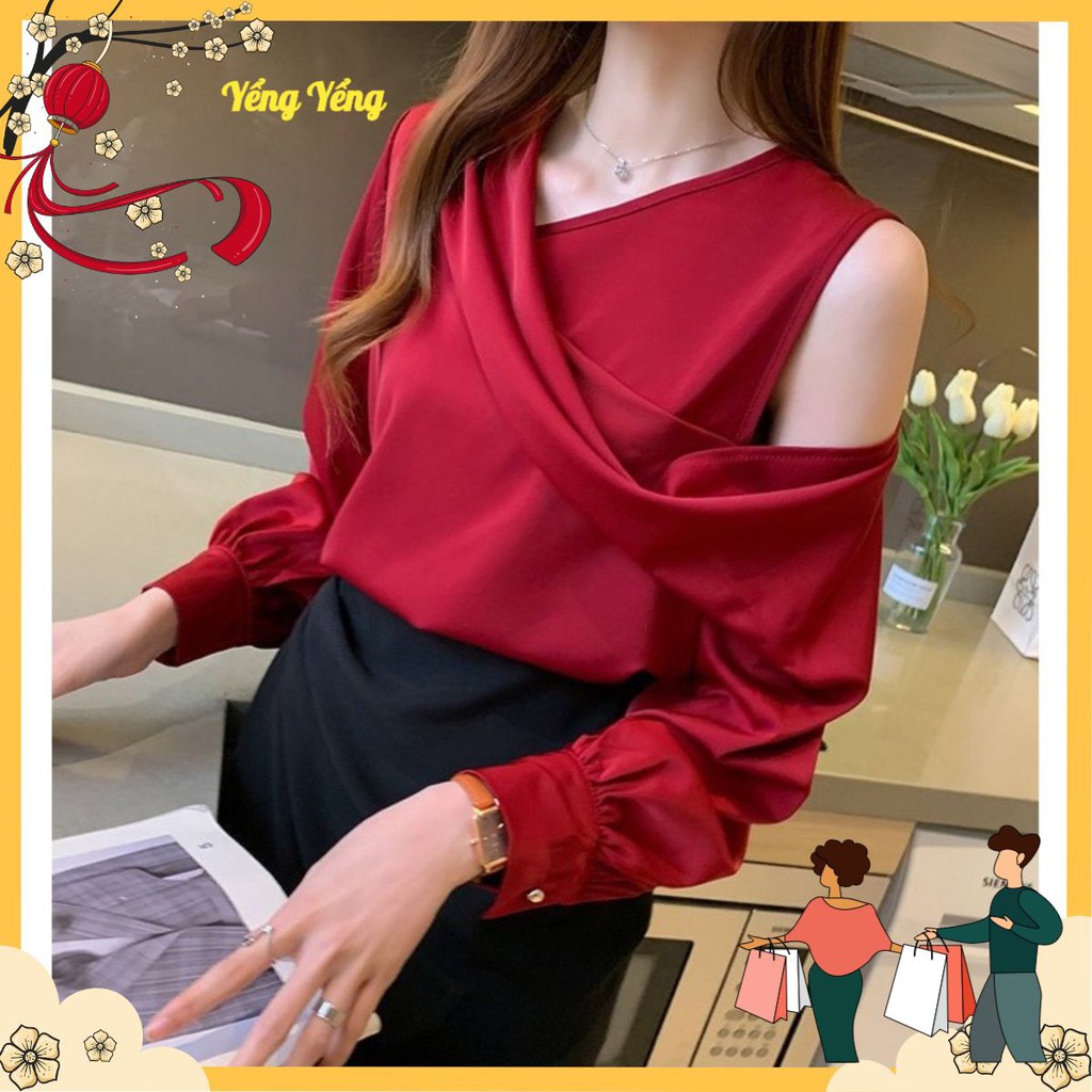 ANU62 - ÁO SƠ MI LỤA NỮ DÀI TAY XOẮN HỞ VAI