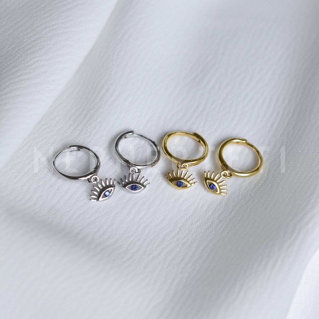 Khuyên tai bạc 925 - Khoen tròn charm con mắt đính đá xanh  - Nepherteti