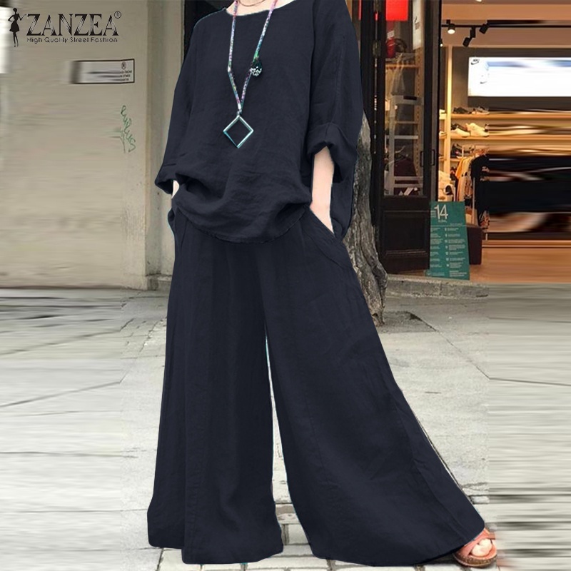 Set đồ ZANZEA gồm áo cổ tròn dài tay và quần dài lưng thun ống rộng thời trang cho nữ