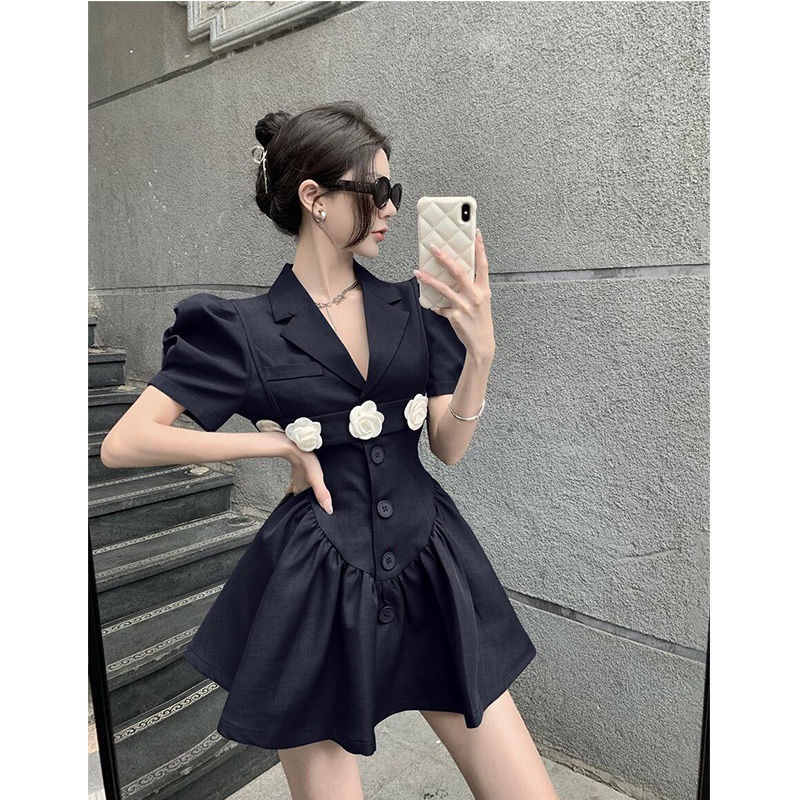 Set đầm tay phồng cổ bẻ và dây đai trang trí hoa xinh xắn ngọt ngào thời trang mùa hè 2022 mới cao cấp dành cho nữ