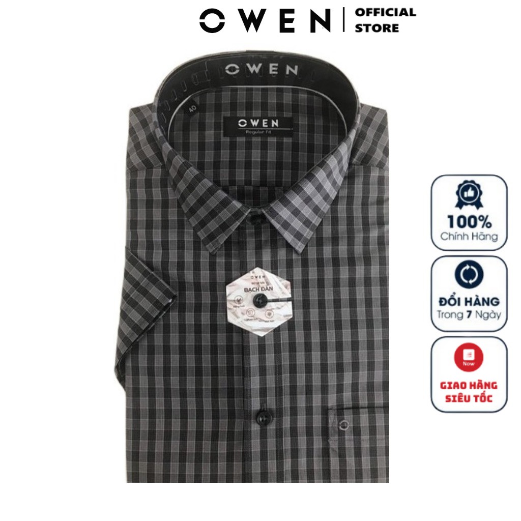 Áo Sơ Mi Nam Ngắn Tay Owen AR22709NT Somi Cộc Tay Công Sở Cao Cấp Kẻ Caro Nhỏ Nâu Xám Sợi Bạch Đàn Dáng Suông Tà Lượn