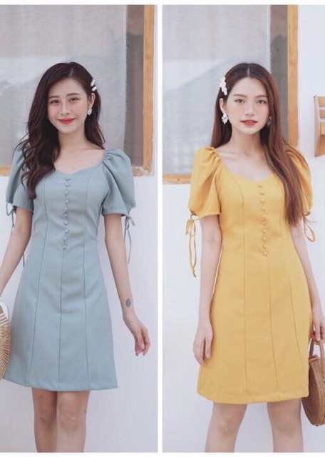 Đầm nút bọc tay nơ 2 màu (kèm hình thật) | BigBuy360 - bigbuy360.vn