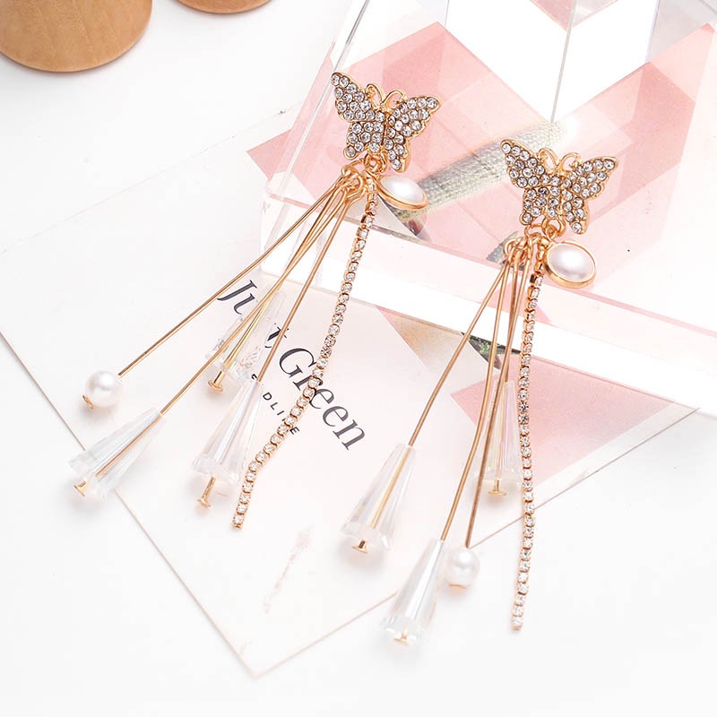 Bông Tai Dáng Dài Phối Tua Rua Hình Bướm Phong Cách Cổ Điển Thời Trang Dự Tiệc Cưới