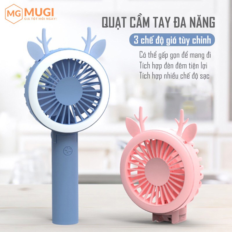 Quạt tích điện cầm tay IMEBOBO 3 tốc độ gió siêu mát, 2 mức đèn led, pin cực trâu TẶNG KÈM TAI dễ thương