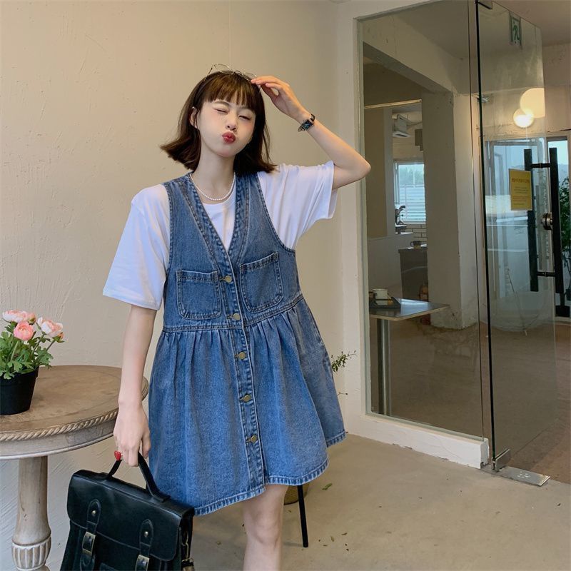 Đầm chân váy jean Bộ Áo Sơ Mi Tay Phồng + Đầm Yếm Denim Xinh Xắn Dành Cho Nữ