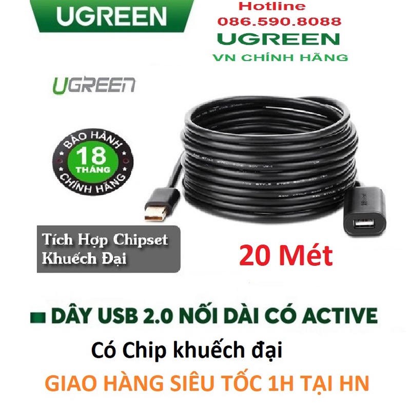Cáp USB nối dài 20m có chíp khuếch đại Ugreen 10324 Cao cấp - Hàng chính hãng BH 18 tháng