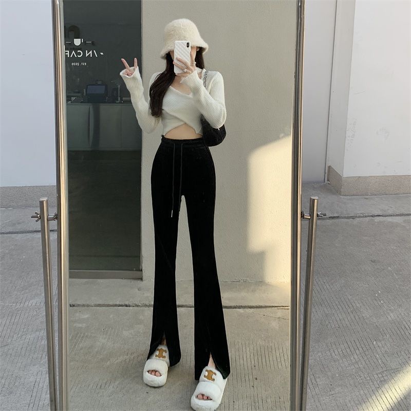 Jiashucheng Quần Ống Rộng Cạp Cao Xẻ Tà Họa Tiết Kẻ Sọc Nhỏ Thời Trang Mùa Xuân Mới Cho Nữ