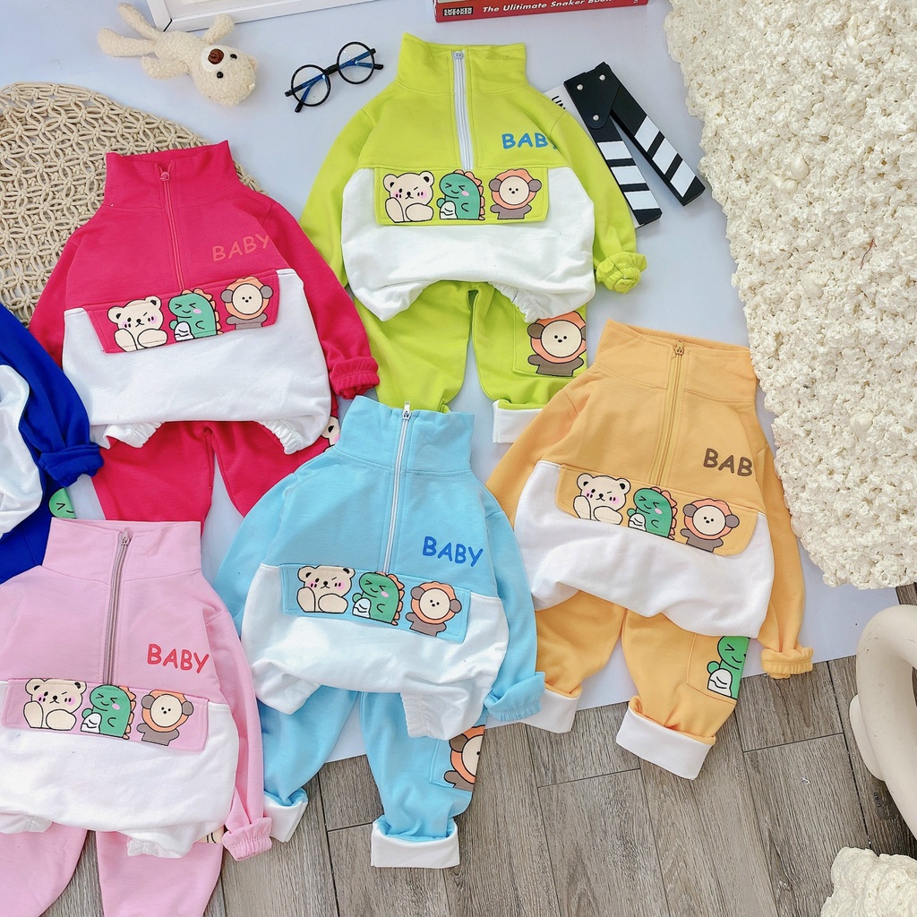 Bộ quần áo thu đông bé gái dài tay cổ cao khóa kéo, ống quần bo chun cho bé gái từ 8-18kg