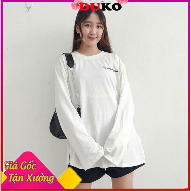 Áo thun nam nữ thêu chữ niceday form rộng oversize đẹp kiểu tay dài hàn quốc unisex DUKO FASHION AT30