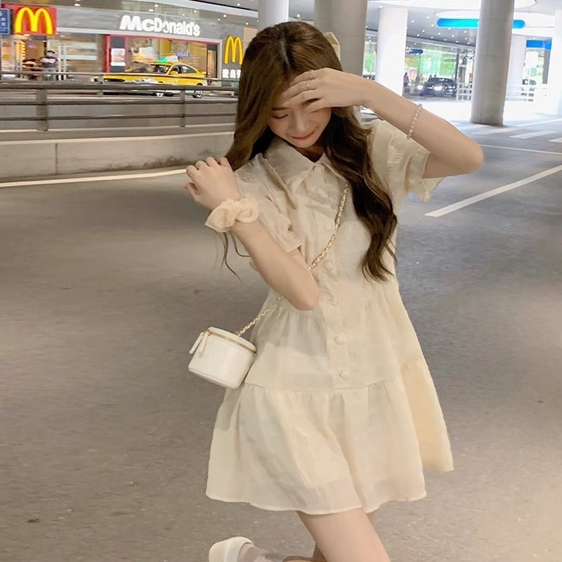 Váy Tay Ngắn Cổ Chữ Tròn Màu Kem Phong Cách Hàn Quốc Xinh Xắn Dành Cho Nữ