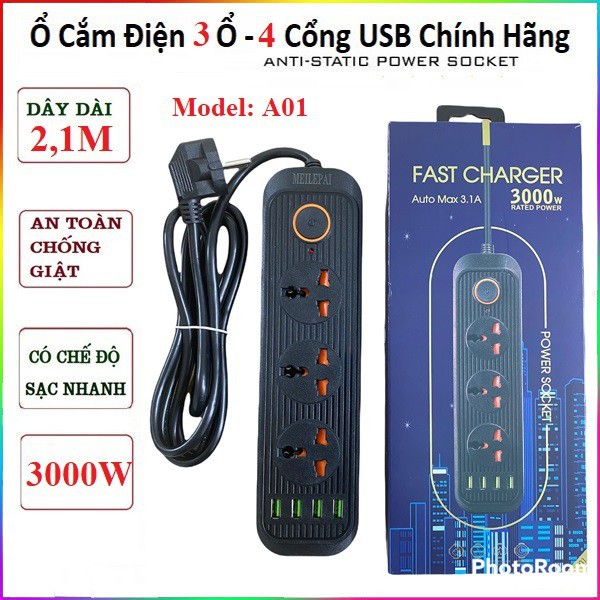 ⛔️A01 - 3 Ổ Cắm, 4 USB, 3000W⛔️ Ổ cắm điện Fast Charger Auto Max 3.1A an toàn chống giật, chống cháy nổ, lõi đồng