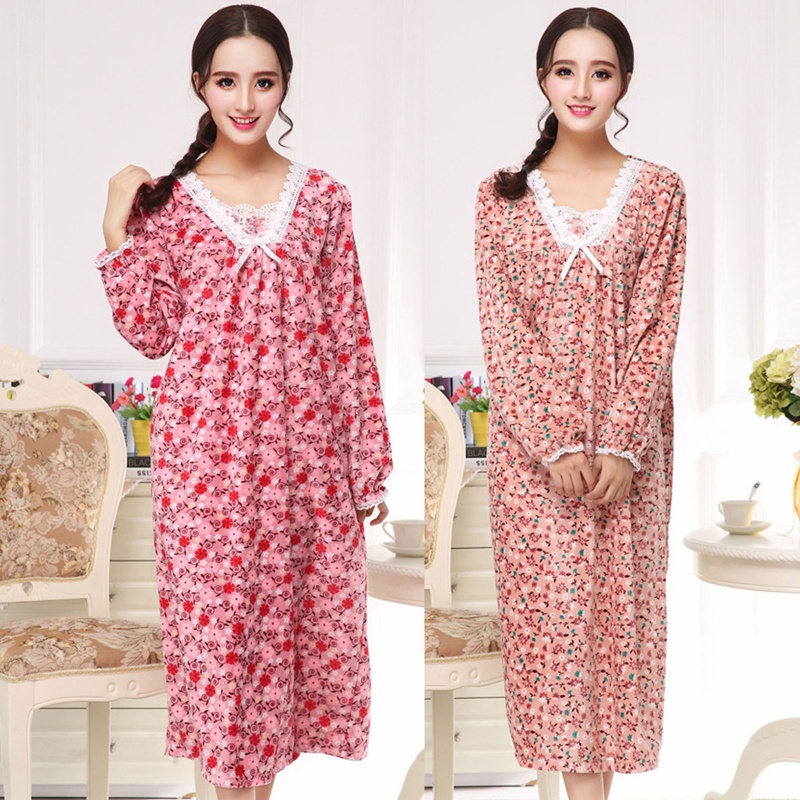 Đầm Ngủ Tay Phồng Dài Cổ Chữ V Phối Ren In Hoa Plus Size