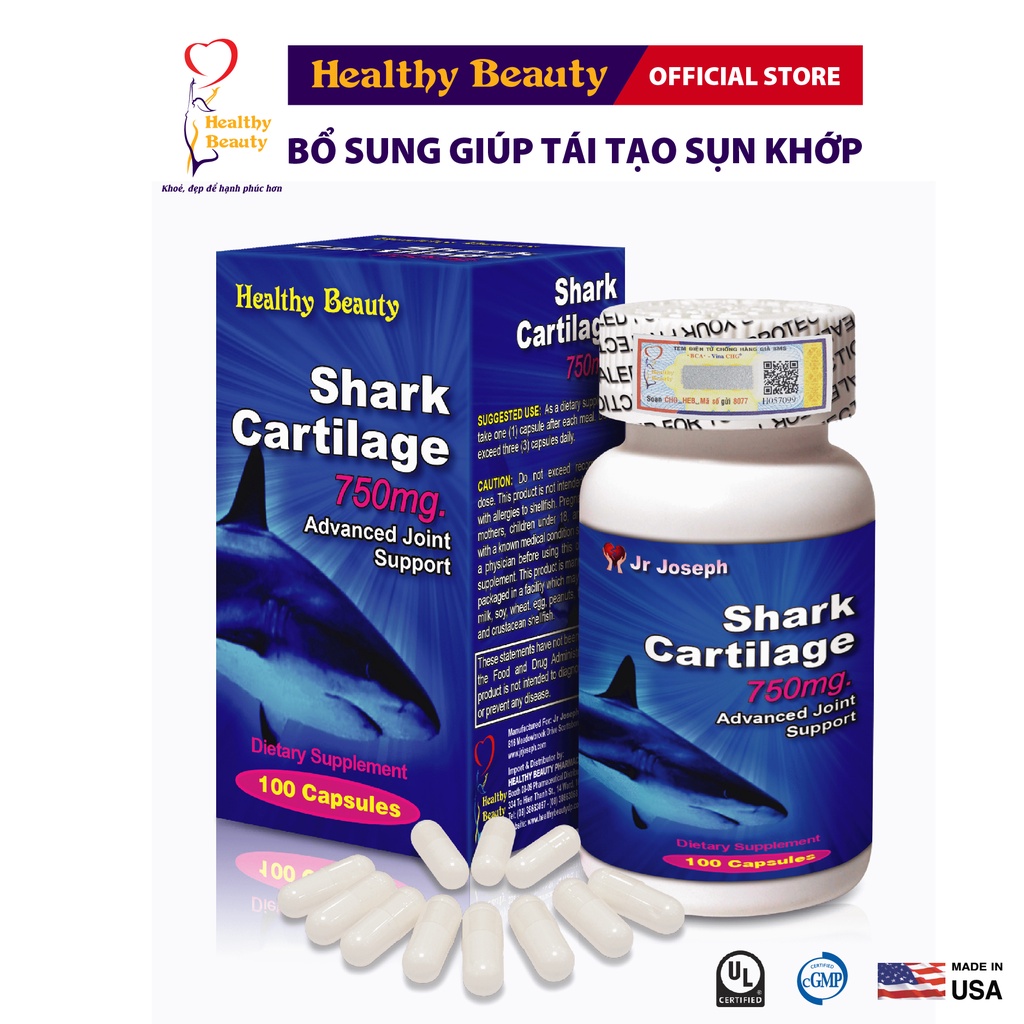 Viên Uống Sụn Cá Mập Shark Cartilage 750mg Healthy Beauty Dành Cho Người Đau Nhức Xương Khớp 100 Viên