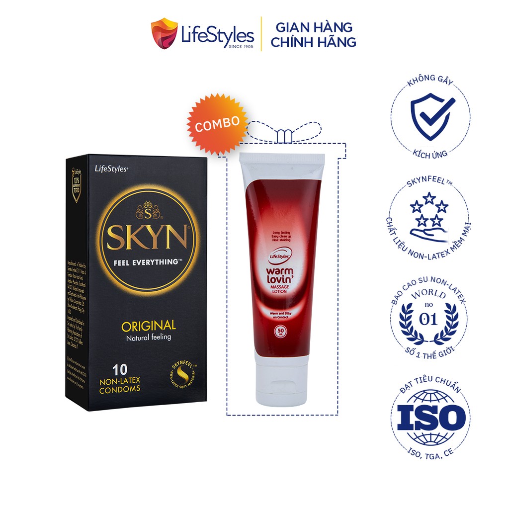 Combo bao cao su Skyn Original Non-latex 10 bao + Gel bôi trơn LifeStyles Warm Lovin Massage Lotion 50ml