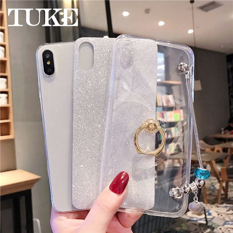 Ốp điện thoại từ nhựa TPU kiểu kim tuyến có nhẫn móc tay kèm dây đeo cho Samsung Galaxy J7 Prime S10 Lite PLUS J4