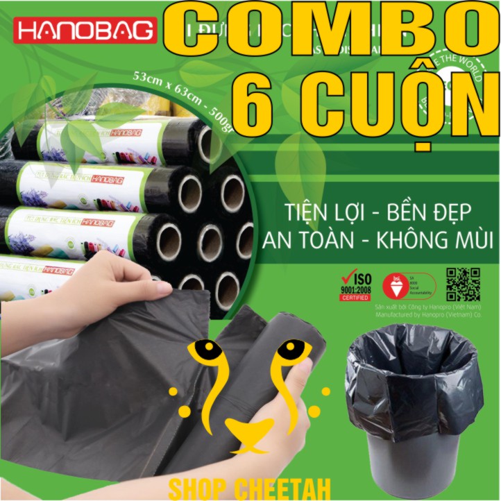 6 Cuộn Túi đựng rác tự xé KT: 53cm x 63cm x 0,5kg – Túi đựng rác an toàn HDPE – Màu đen – Túi dày và sạch không mùi