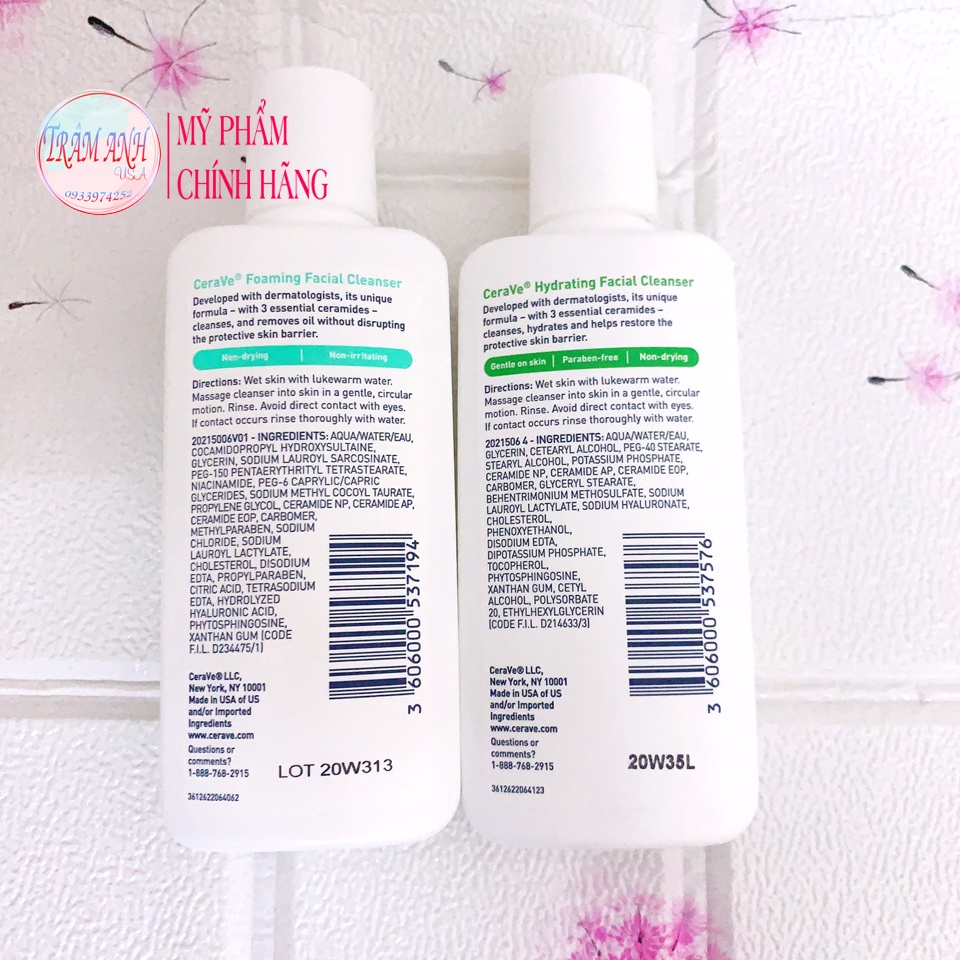 SỮA RỬA MẶT DỊU NHẸ CERAVE HYDRATING/ FOAMING CHO DA KHÔ / DA DẦU 355ml