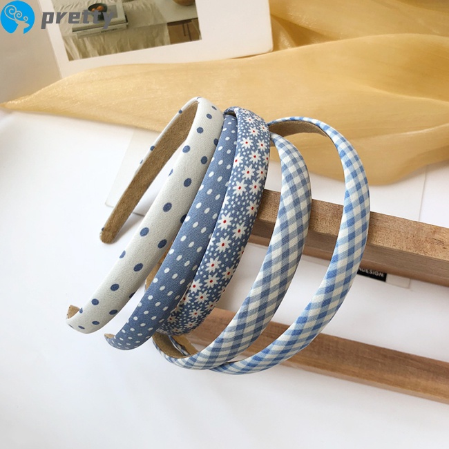 Băng đô cài tóc vải họa tiết hoa/ chấm bi/ kẻ sọc tông màu xanh dương phong cách retro dễ phối đồ xinh xắn