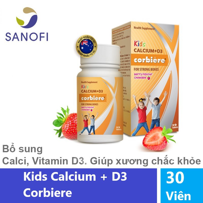 Kids Calcium + D3 Corbiere - Viên nhai bổ sung Canxi và D3 cho bé hương vị dâu (Lọ 30 Viên)