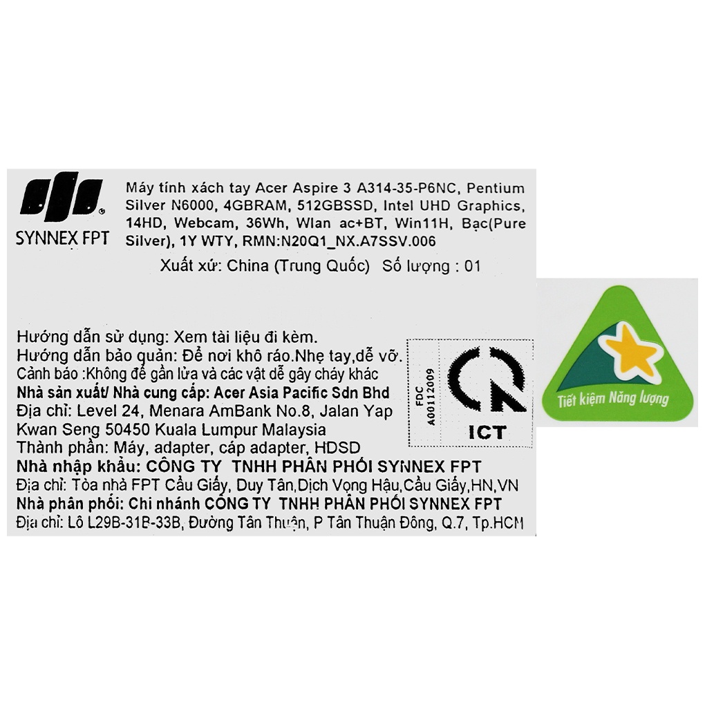Laptop Acer Aspire 3 A314 35 P6NC N6000/4GB/512GB/14"/Win11//Bạc - Hàng chính hãng