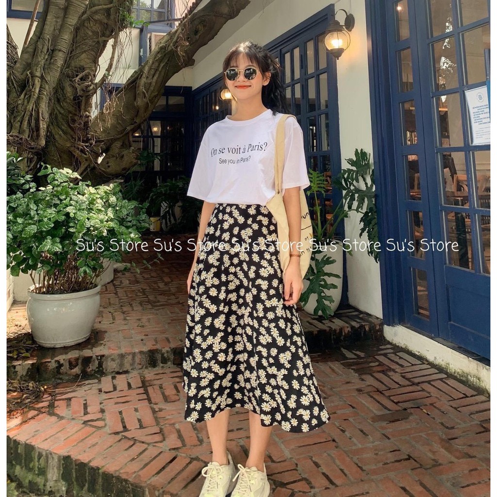 SET ÁO PULL TRẮNG BE PARIS MIX CHÂN VÁY HOA CÚC ĐEN NÂU VINTAGE - SET ÁO CHÂN VÁY HOA NHÍ
