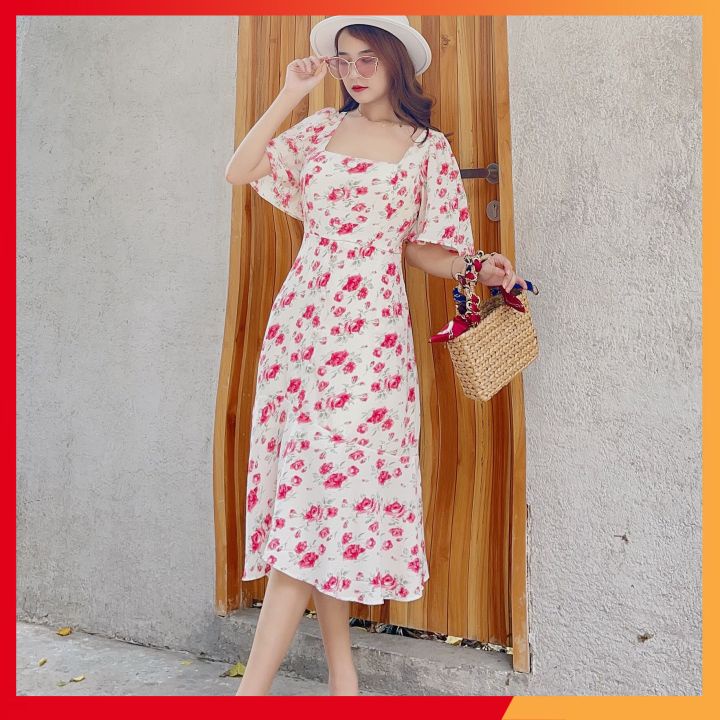 Đầm xòe hoa⚡𝗙𝗥𝗘𝗘 𝗦𝗛𝗜𝗣⚡ Đầm hoa cổ U cúc bọc phối tay cánh tiên siêu che khuyết điểm màu cực ngọt | BigBuy360 - bigbuy360.vn