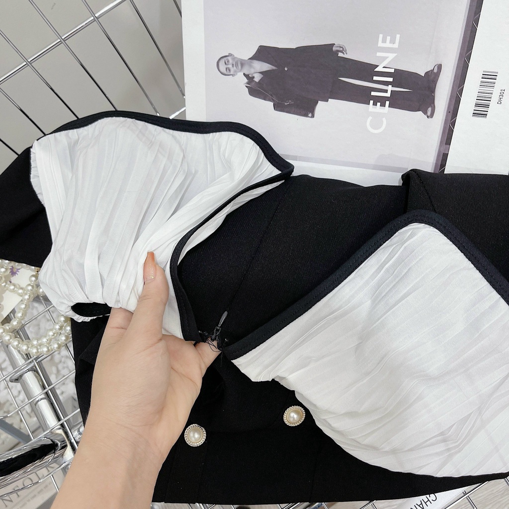 Váy Đen Khuy Ngọc Cổ Xếp Ly Trắng Hàng Đẹp Có Ảnh Thật