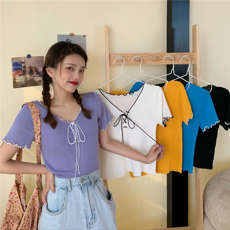 Áo nữ BH dệt kim tay ngắn phối dây thời trang