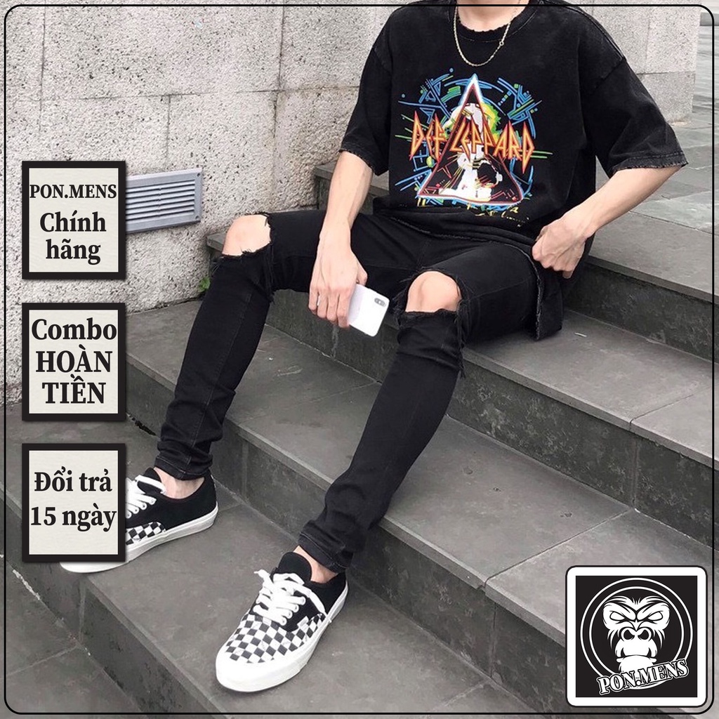 Quần jean nam rách gối màu đen co giãn cực tốt hàng VNXK Pon.mens