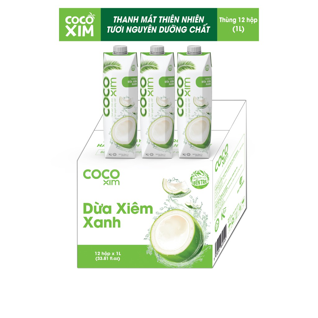 01 Thùng/ 12 Hộp Nước Dừa Xiêm Xanh/ Xiêm Sen 1000ml từ Dừa Tươi Nguyên Chất 100% COCOXIM 1000ml - YOOSOO