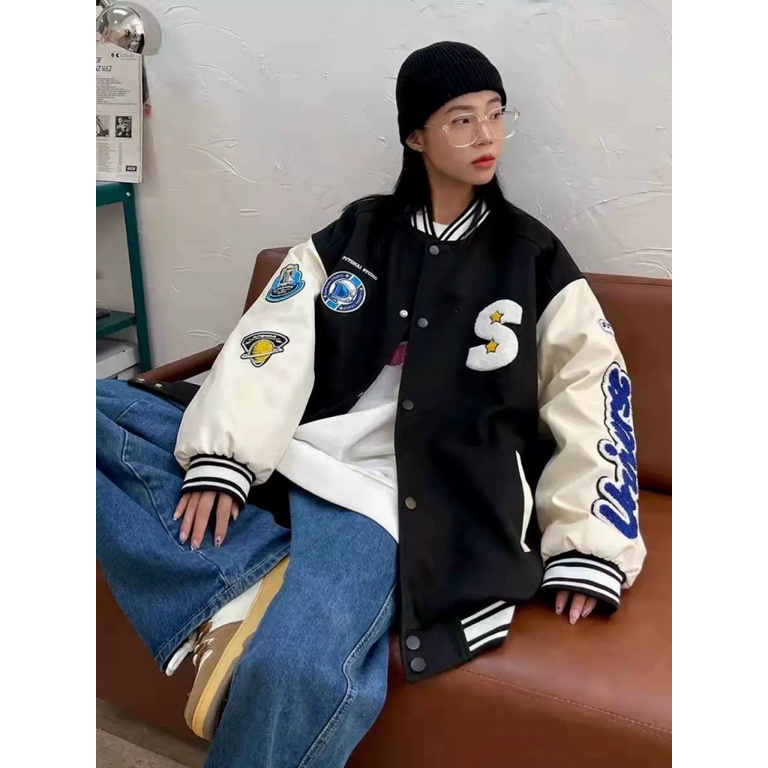 (FREE SHIP) ÁO KHOÁC BOMBER NỮ PHỐI HỌA TIẾT TAY LOGO NGỰC PHONG CÁCH CÁ TÍNH SÀNH ĐIỆU TK 2022