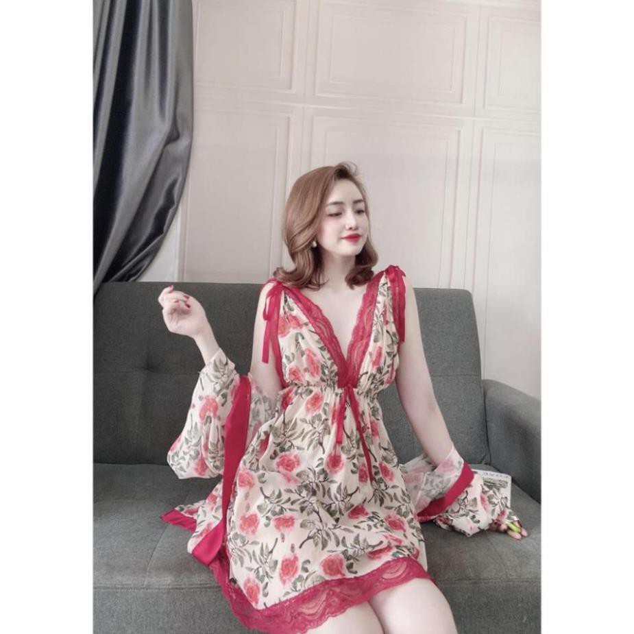 Váy Ngủ Xuyên Thấu Nữ, Set Đồ Ngủ Sexy 3 Món ( Váy Ngủ, Áo Choàng Kèm Quần ) , Đầm Ngủ Mặc Nhà Bigsize Chất Voan Tơ.