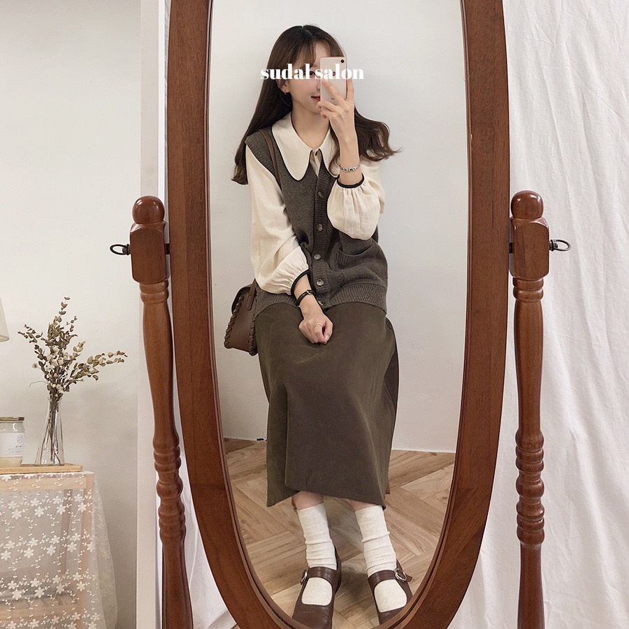 MS254 Áo sơ mi nữ cổ sen phối viền màu vintage