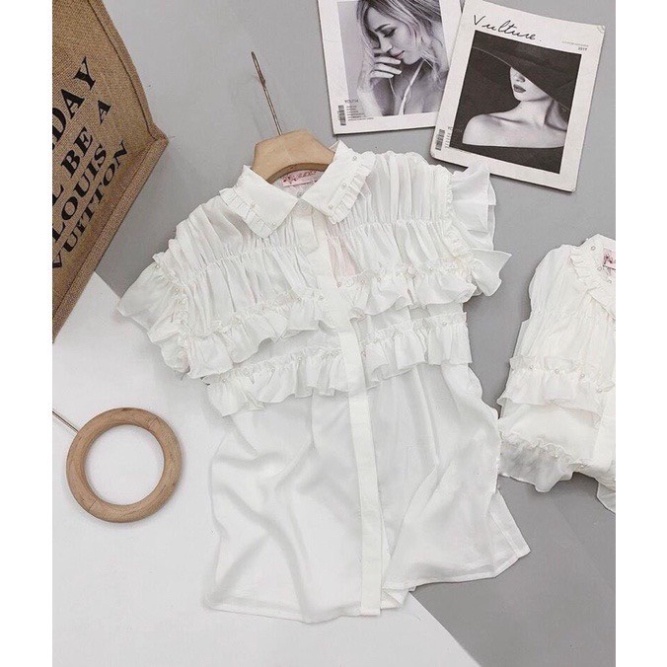 Áo sơmi trắng nhún bèo tầng ngắn tay đính ngọc xinh xẻo xa hoa A116 Nội Y Xanh hàng đẹp trendy - nội y xanh