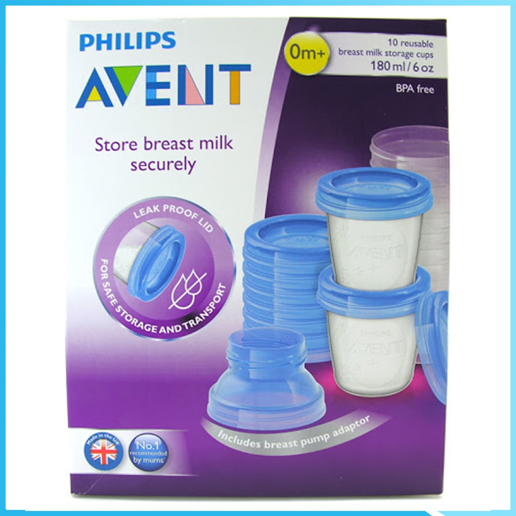 Set 10 Cốc Trữ Sữa Avent Có Nắp Đậy Tặng Kèm Cổ Nối Bình (180ml)