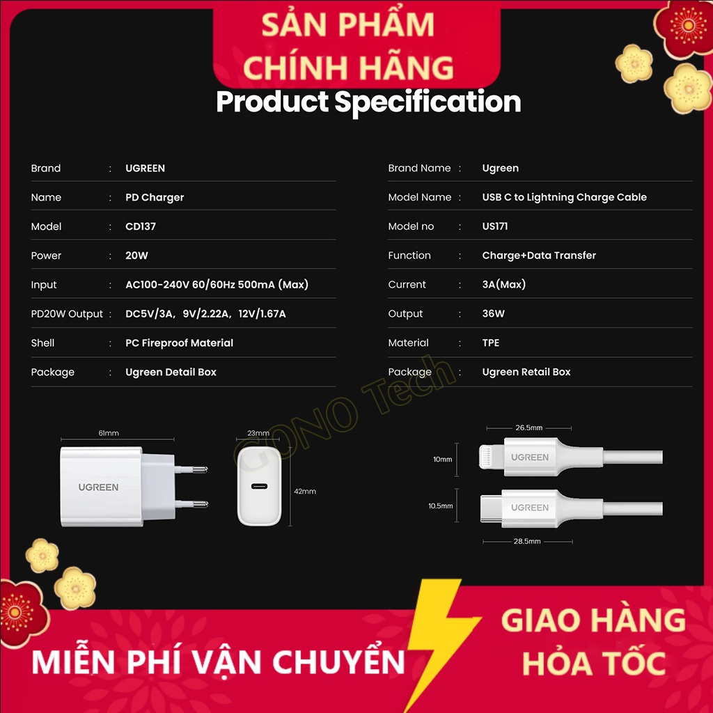 Cốc sạc nhanh PD 20W UGREN CD137 Type-C | Củ cáp sạc UGREN60449 60450 cho  / Samsung / Xiaomi / Oppo / Vivo - HSHOP