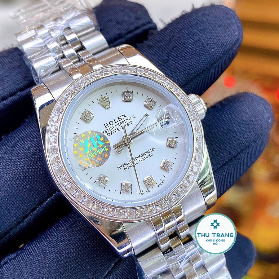 Đồng hồ Nam Rolex máy nhật, mẫu classic, mặt trắng viền trắng đính đá, dây kim loại, dòng cơ Automatic size 39mm-40mm