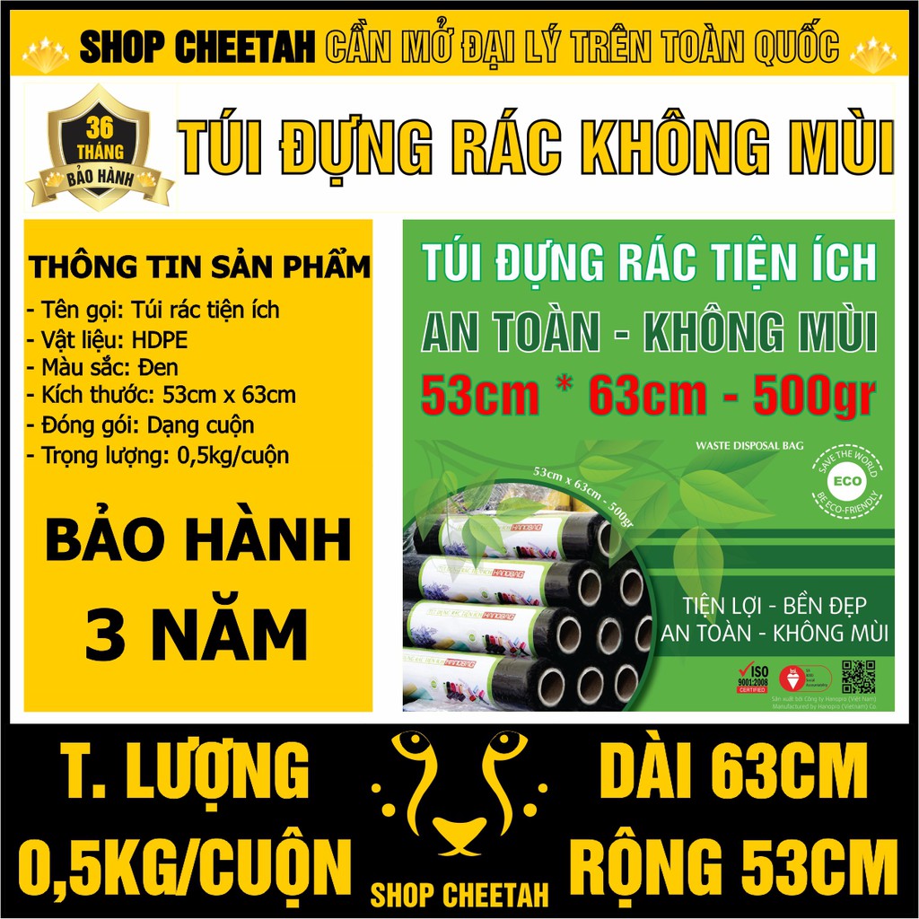 Túi rác sạch không mùi KT: 53cm x 63cm x 0,5kg – Túi đựng rác tiện ích HDPE – Màu đen – Túi dày và sạch không mùi