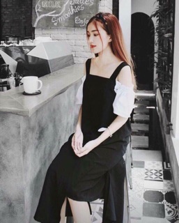 váy trễ vai đen trắng