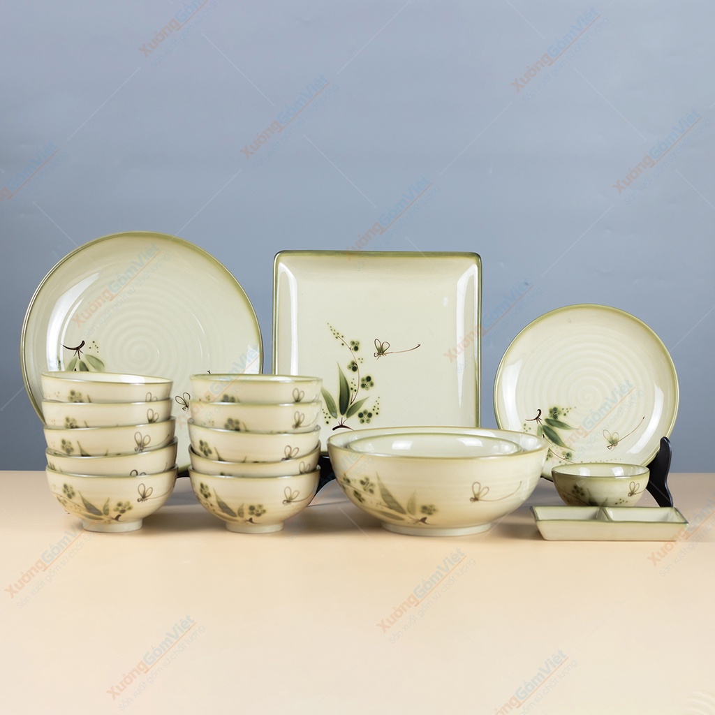 Sale giá gốc bộ 17 món men xanh vẽ chuồn sứ Bát Tràng - có bán lẻ từng sản phẩm