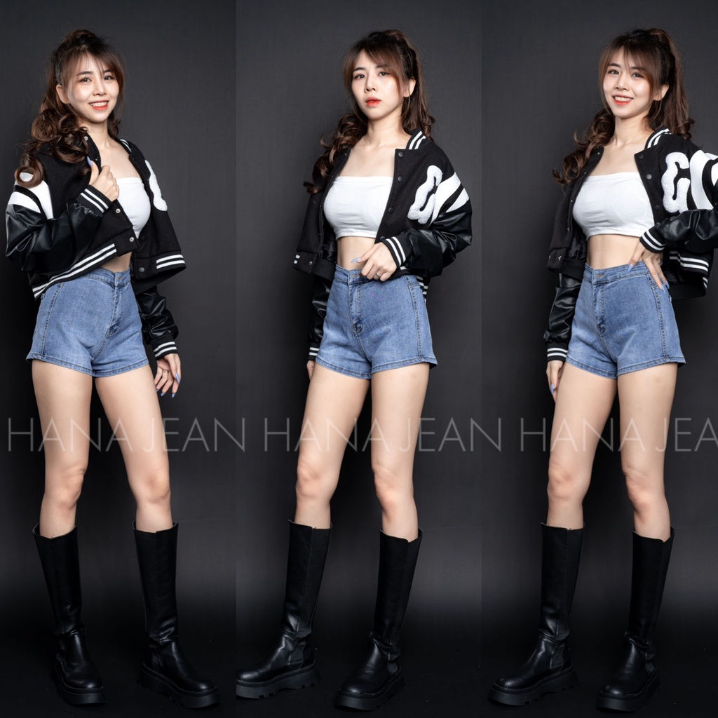 Quần Sọt Jean Nữ Co Giãn Lưng Cao Trơn Lai Cuốn Ko Túi