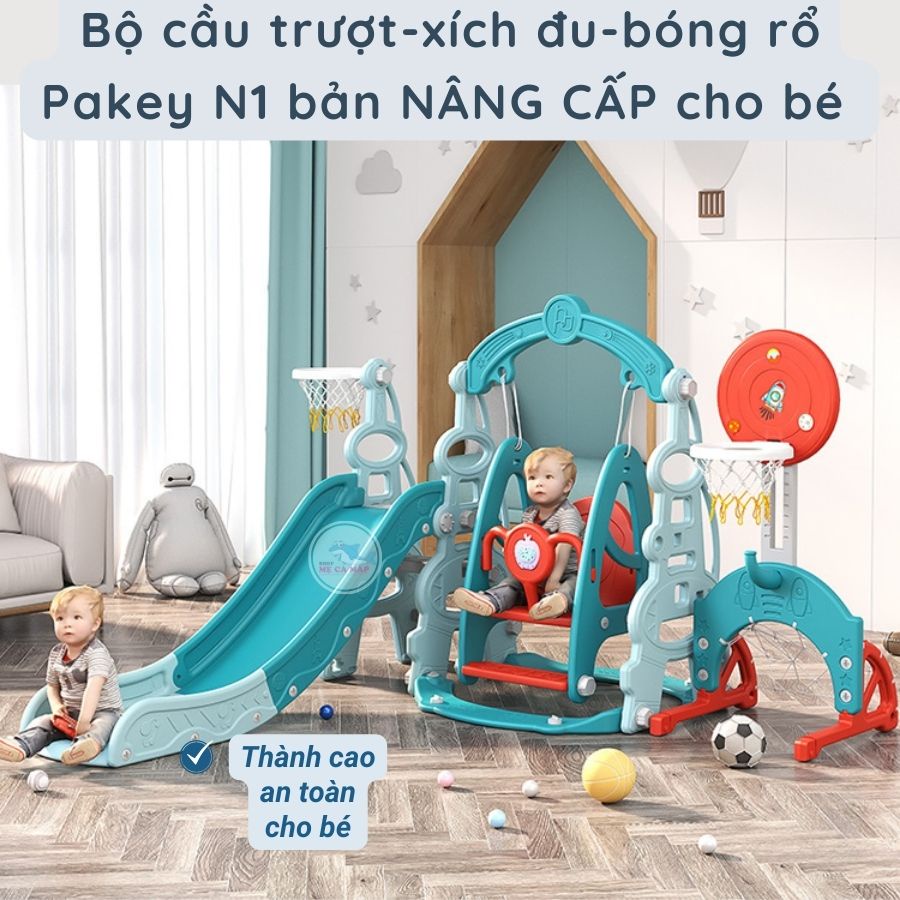 Cầu trượt xích đu cho bé PAKEY N1 TẶNG KÈM Cây Bóng Rổ đa năng tăng cường phát triển vận động cho bé
