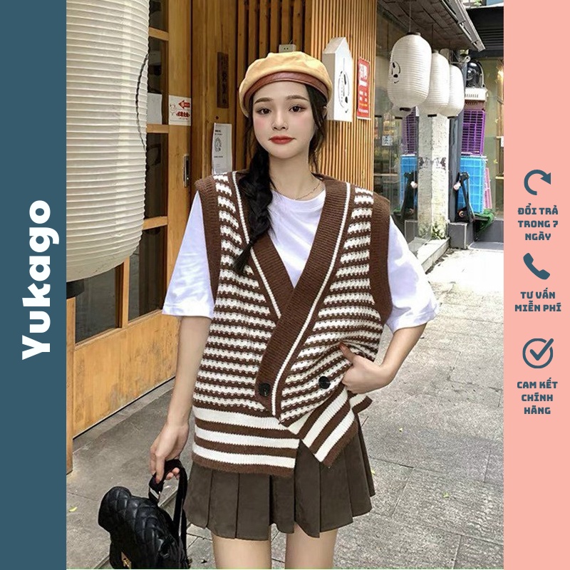 Áo gile nữ phong cách Hàn Quốc form rộng cổ V sọc ngang cá tính YUKAGO VV55222R