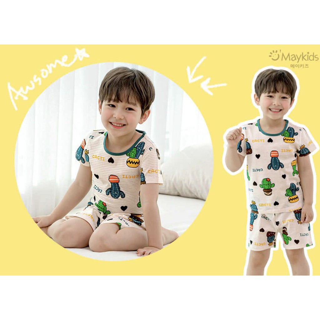 (100) Bộ hè cotton giấy xuất Hàn mặc nhà bé trai bé gái hoạ tiết xương rồng