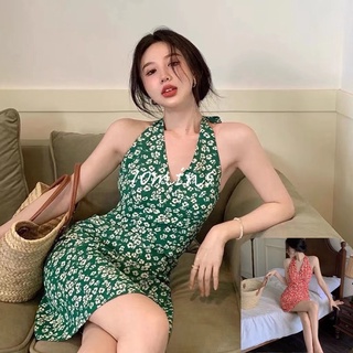 Đầm cổ yêm thiết kế hở lưng họa tiết hoa phong cách retro Pháp chất lượng cao size s-xl