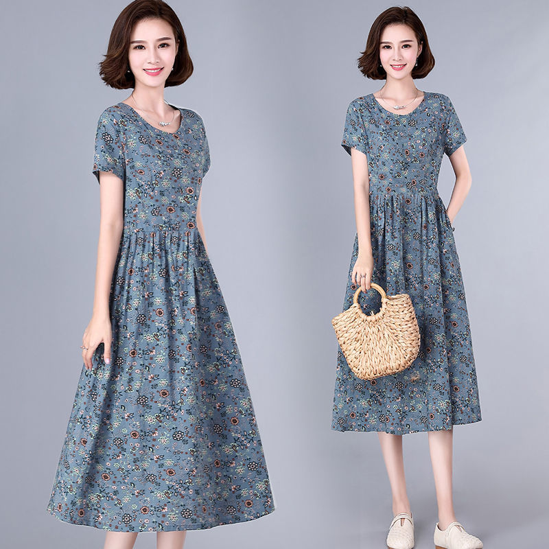 High quality cotton women's floral long skirt mid-summer 2020 new style printed waist slimming plus size a-line skirt