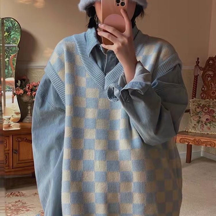 Áo len SUXI không tay cổ chữ V ht caro thời trang Hàn Quốc retro